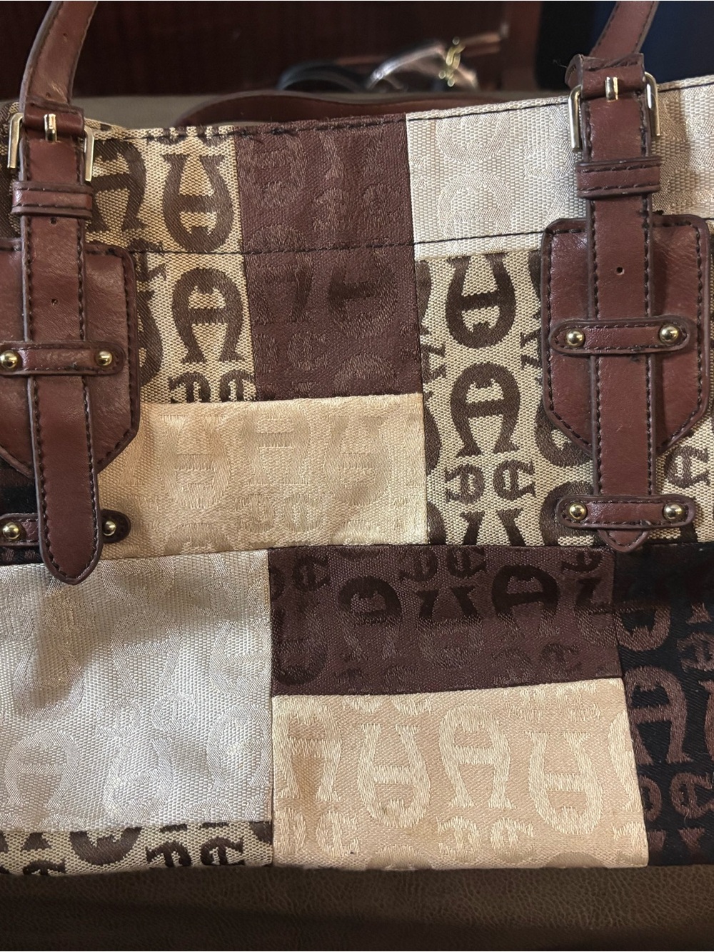 Etienne Aigner Patchwork Logo Tote in Brown and Cream